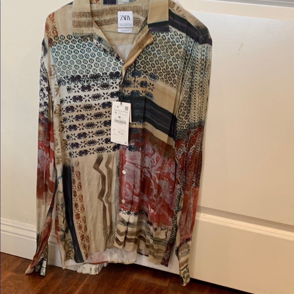 Zara Red and Black Casual Button Down Shirt